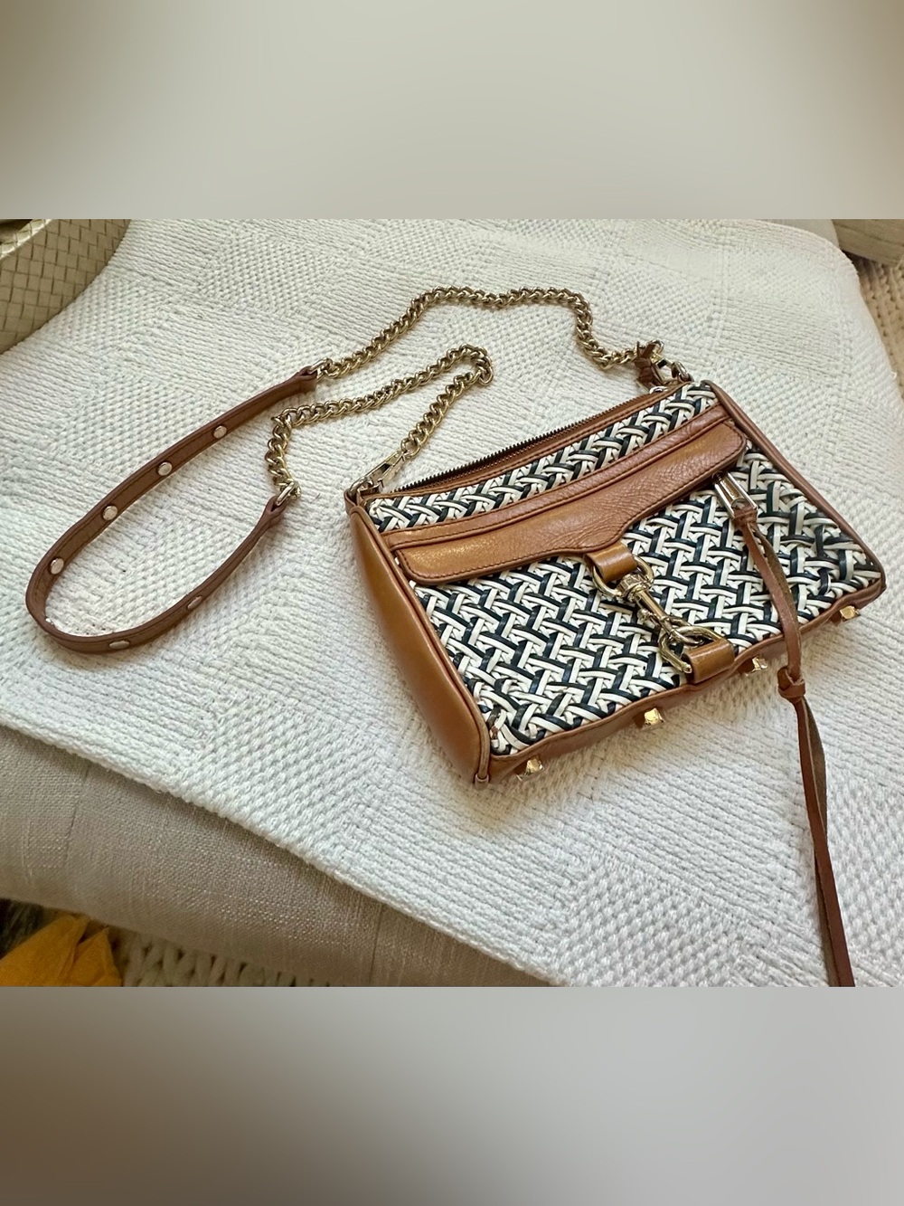 Rebecca Minkoff Tan, White and Navy Patterned Chain Crossbody